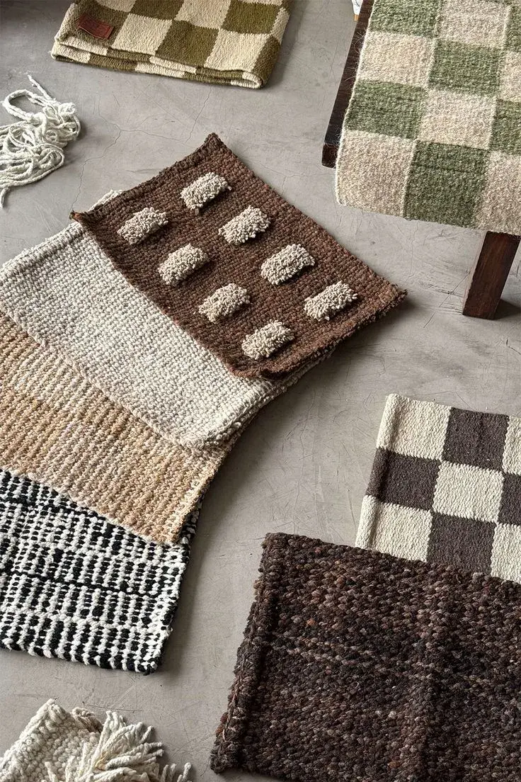 Flat-lay of woven rug samples in natural fibres, with checks, stripes and tufted textures