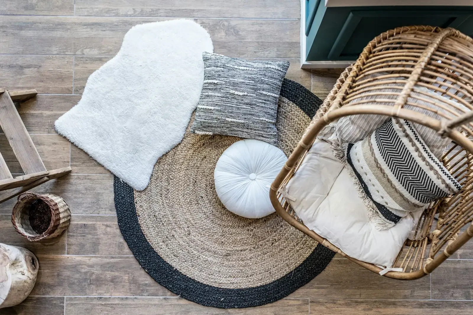 A round cream floor cushion and patterned pillows on a round jute rug beside a rattan chair