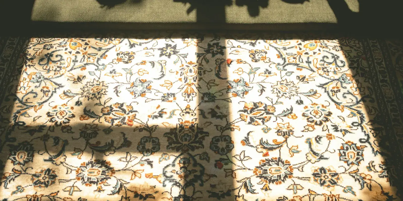 A floral patterned rug with window light and shadows falling across it