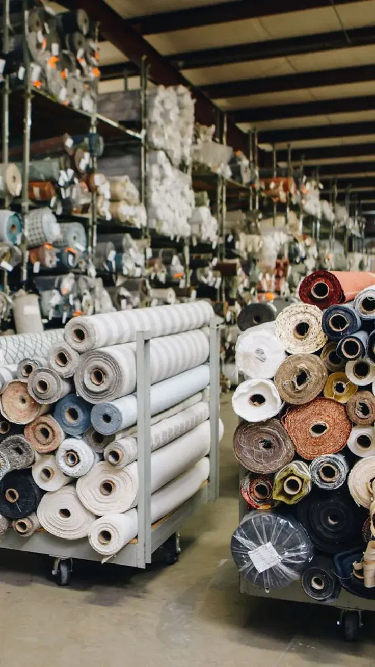 Rolled textiles stacked on racks and trolleys along a warehouse aisle, illustrating stock-ready supply for online sellers