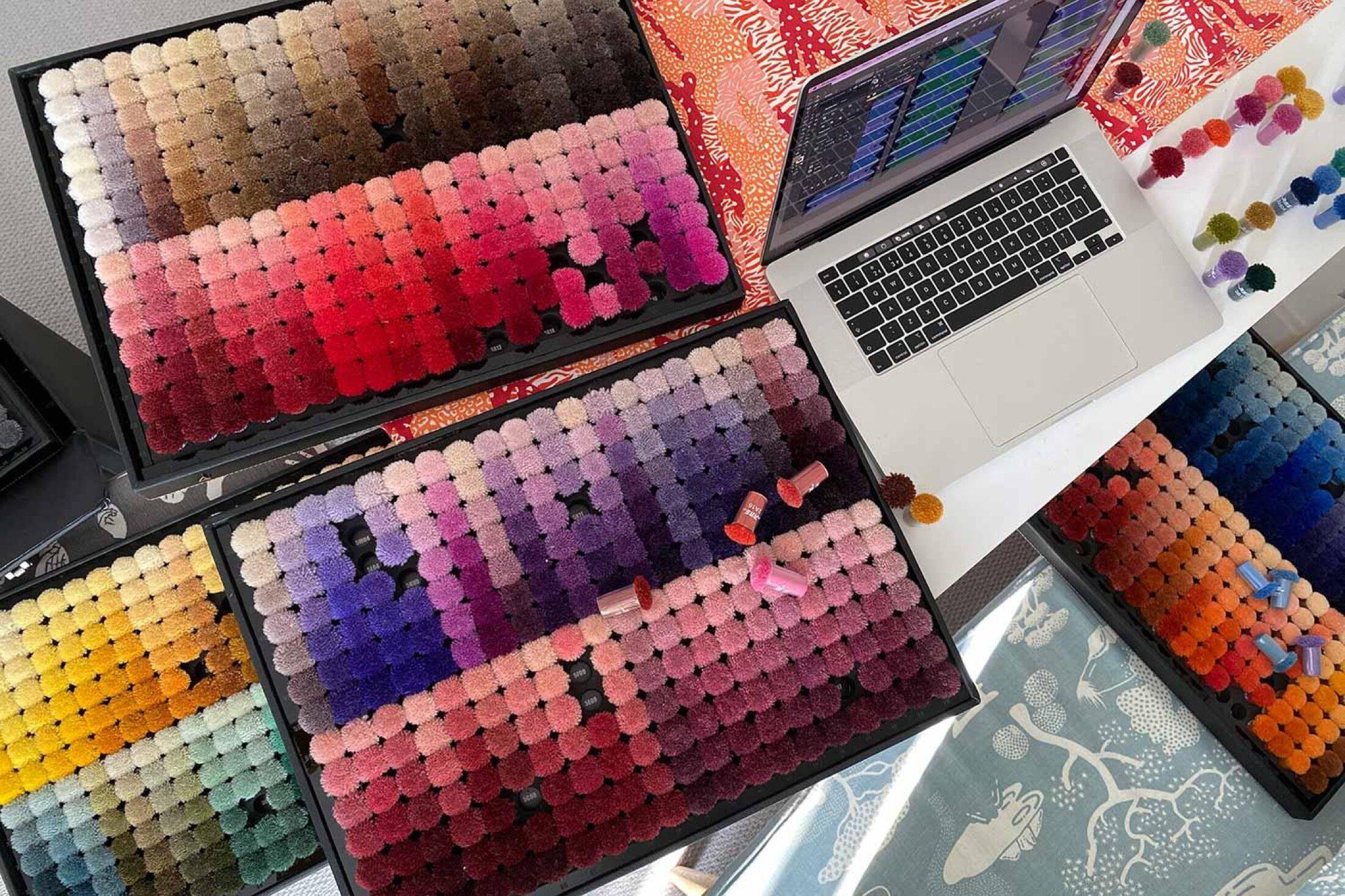 Colour sample trays and design software, OEM rug development at Raheem and Son