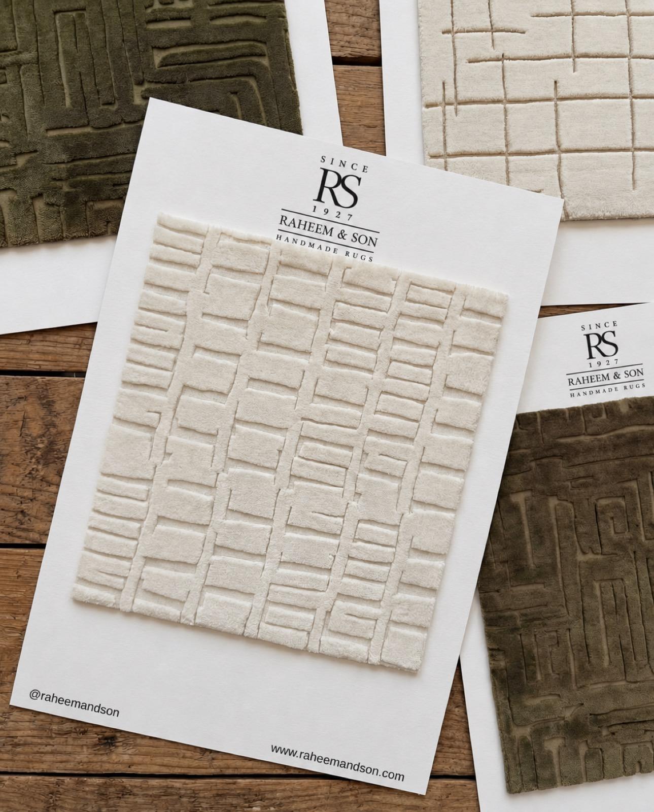 Raheem and Son branded sample card with cream textured rug sample, private label
