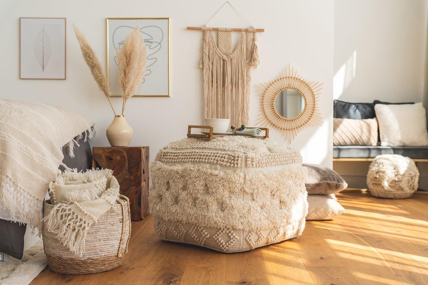 Handmade poufs and ottomans, wholesale export from Bhadohi India