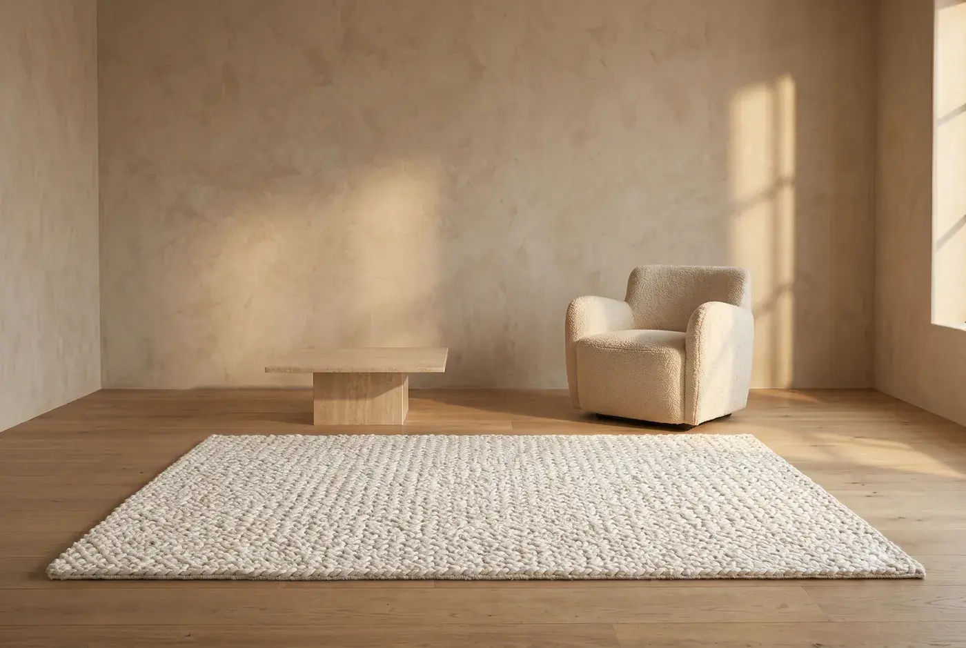 Alder Rug in white styled in a room, digitally rendered