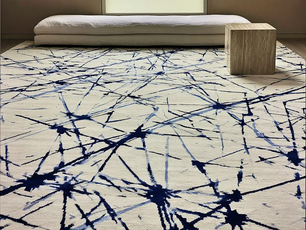 Caspian Rug styled in a room, digitally rendered