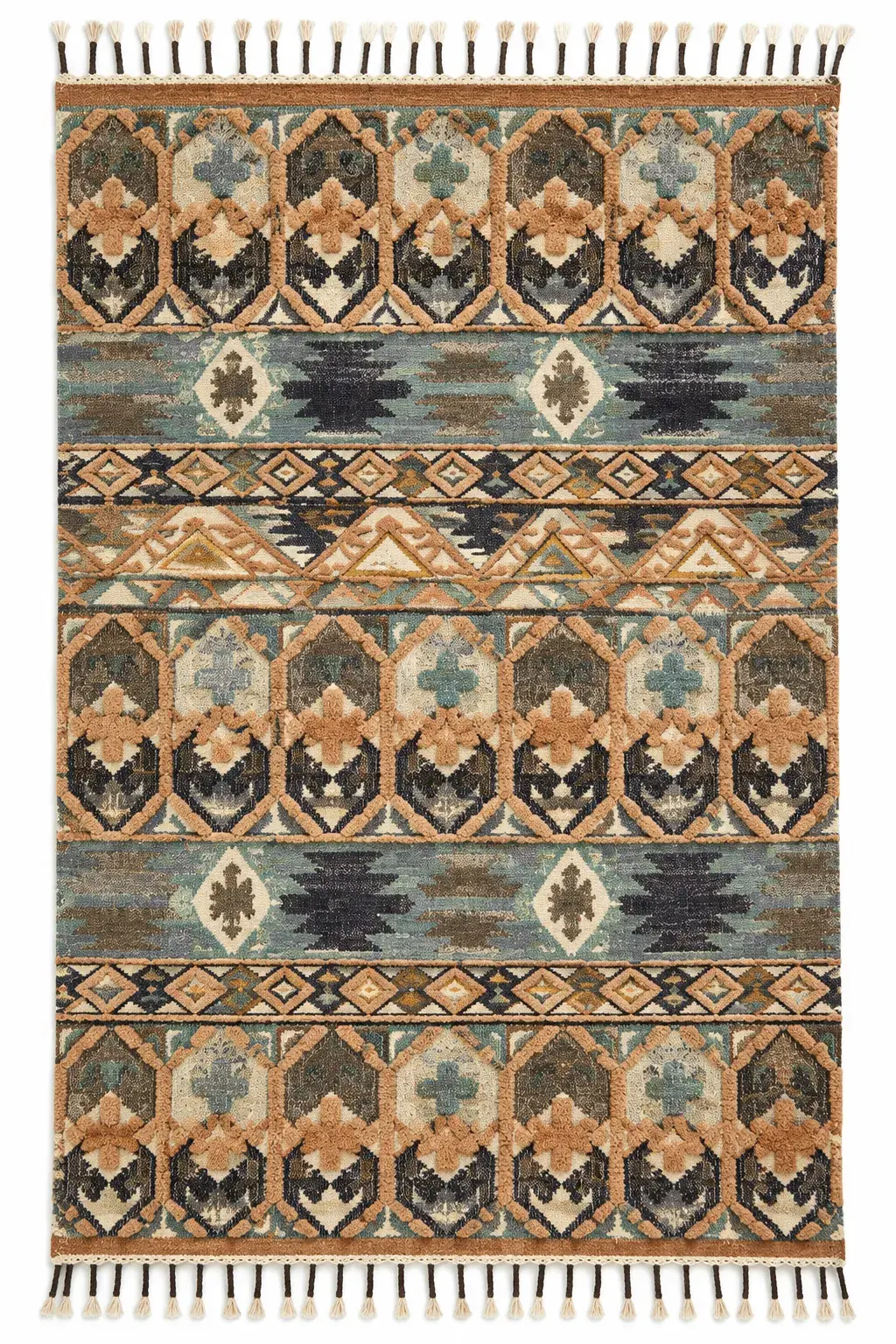 Dune Rug in ocean camel, jute tribal pattern rug, full view