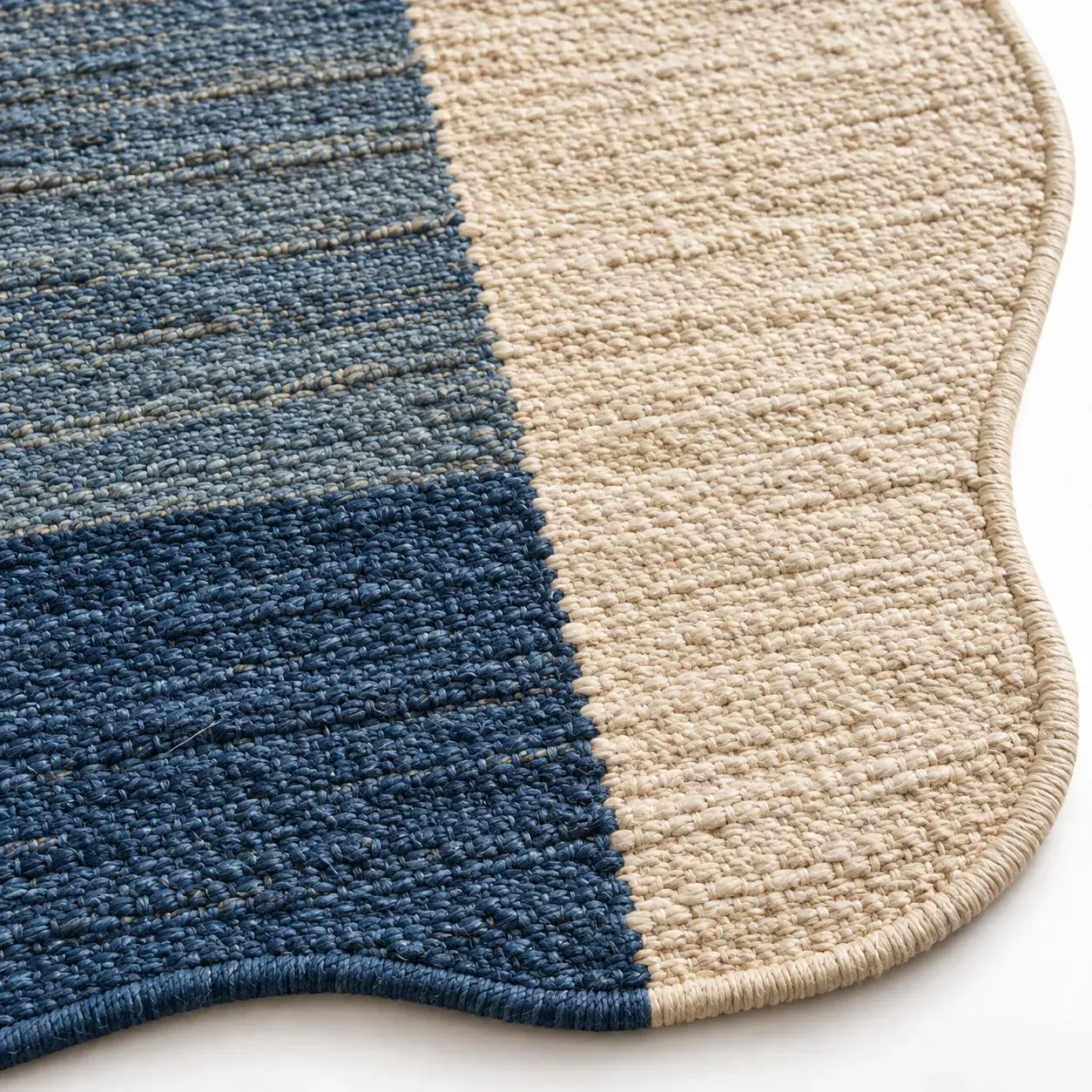 Marguerite Rug in denim cream styled in a room, digitally rendered