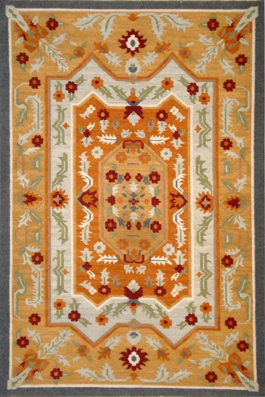 Marisol Rug in saffron, flatweave floral pattern rug, full view