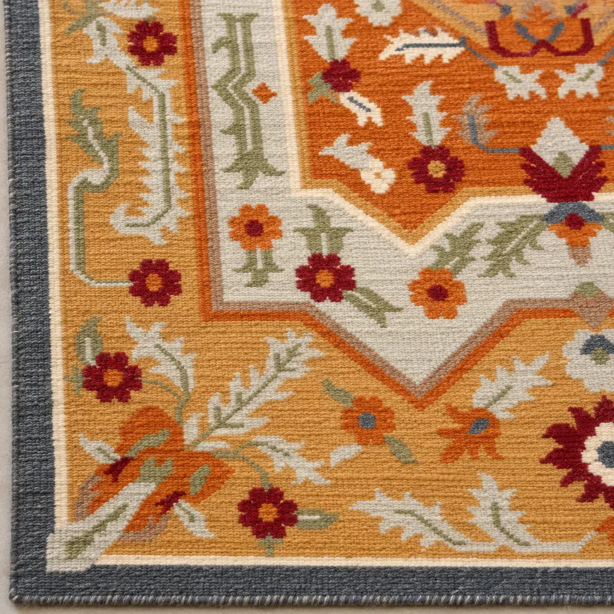 Close view of the Marisol Rug in saffron showing its texture and detail