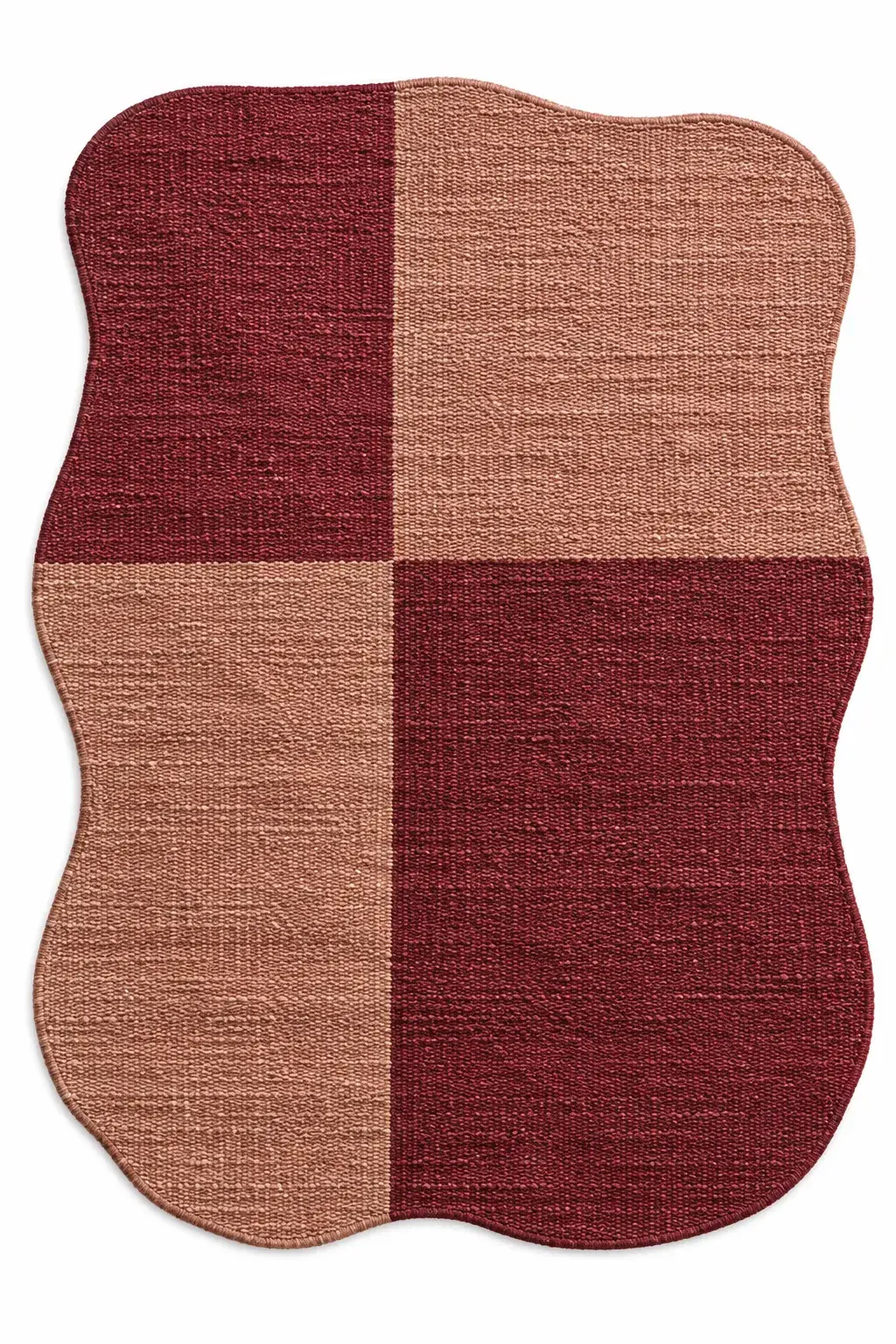 Close view of the Peregrine Rug in burgundy rose showing its texture and detail