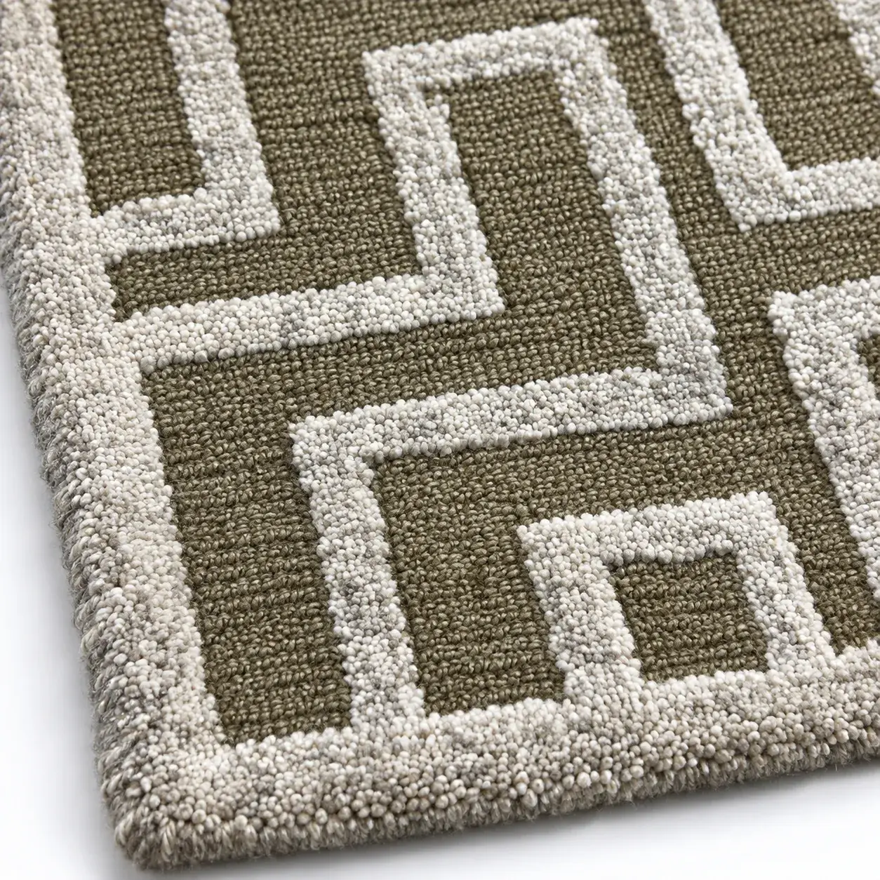 Close view of the Petra Rug in olive showing its texture and detail