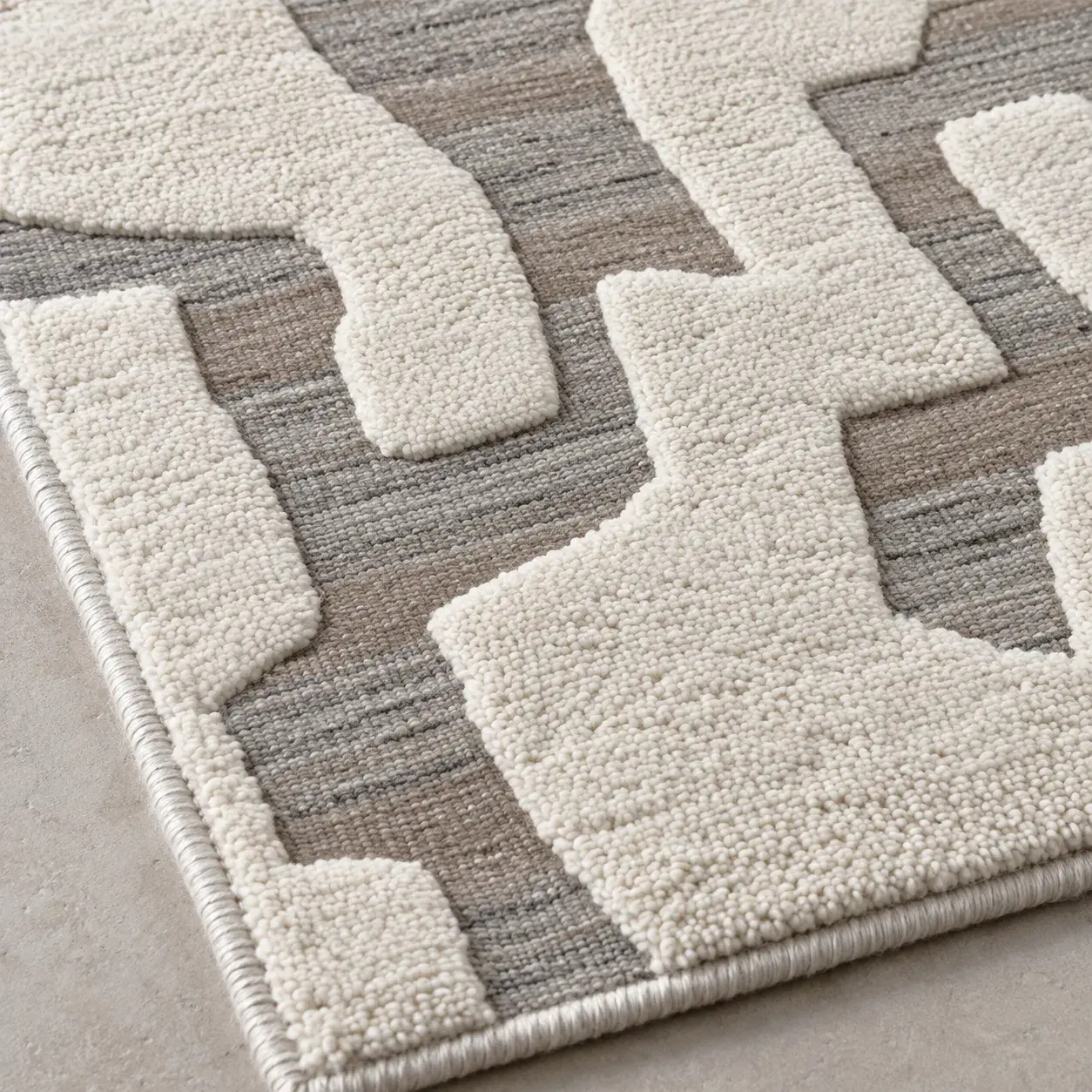 Close view of the Thessaly Rug in silver ivory showing its texture and detail