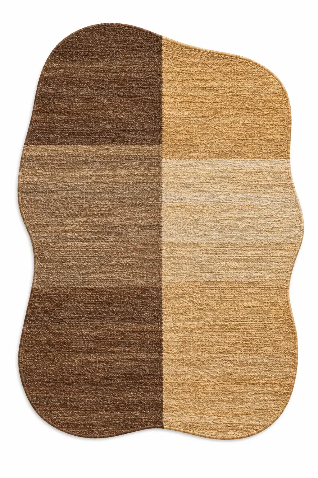 Valentina Rug in brown gold, jute shaped woven rug, full view