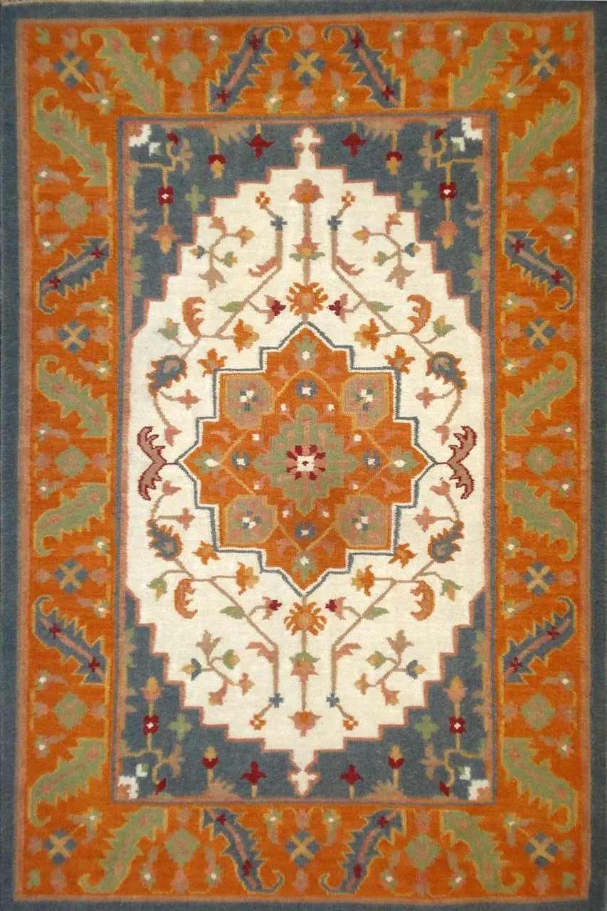 Bianca Rug in orange blue, flatweave floral pattern rug, full view