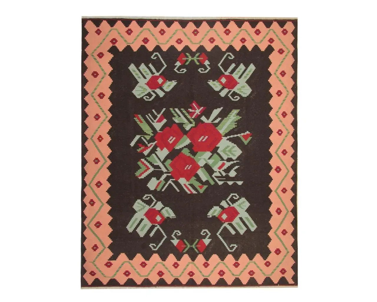 Esme Rug in brown, flatweave floral pattern rug, full view