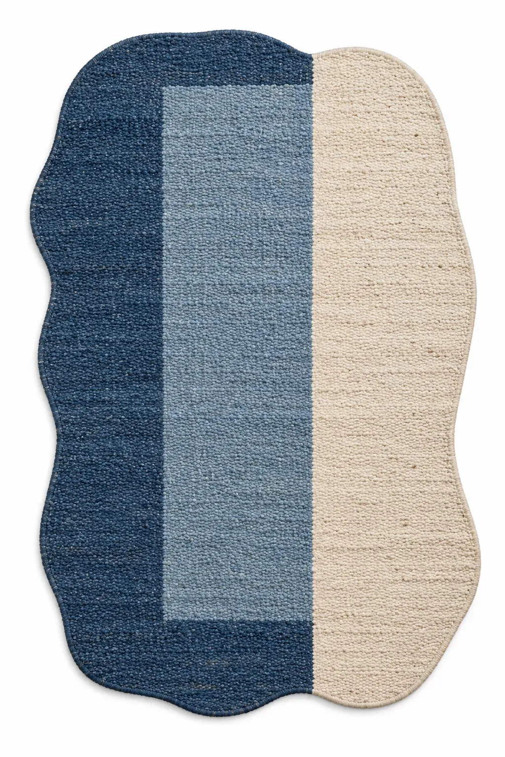 Maddox Rug in blue cream, jute shaped woven rug, full view