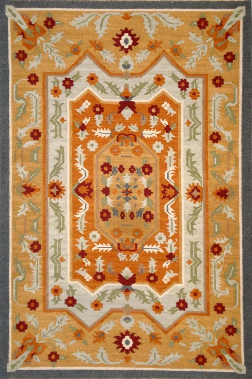Marisol Rug in saffron, flatweave floral pattern rug, full view