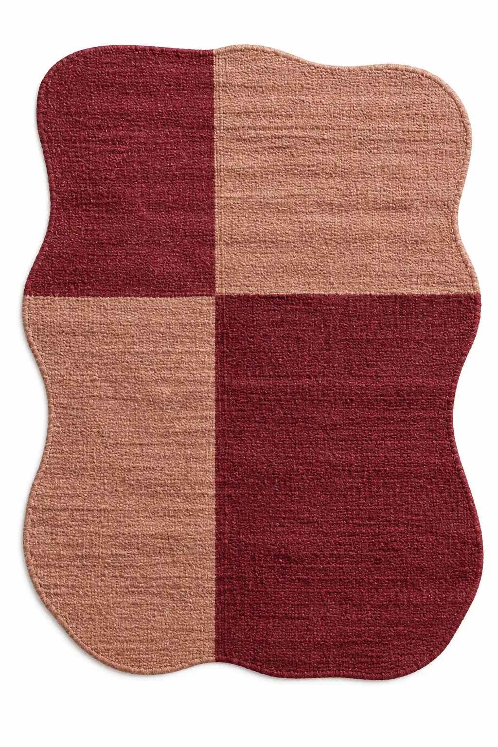 Peregrine Rug in burgundy rose, jute shaped woven rug, full view