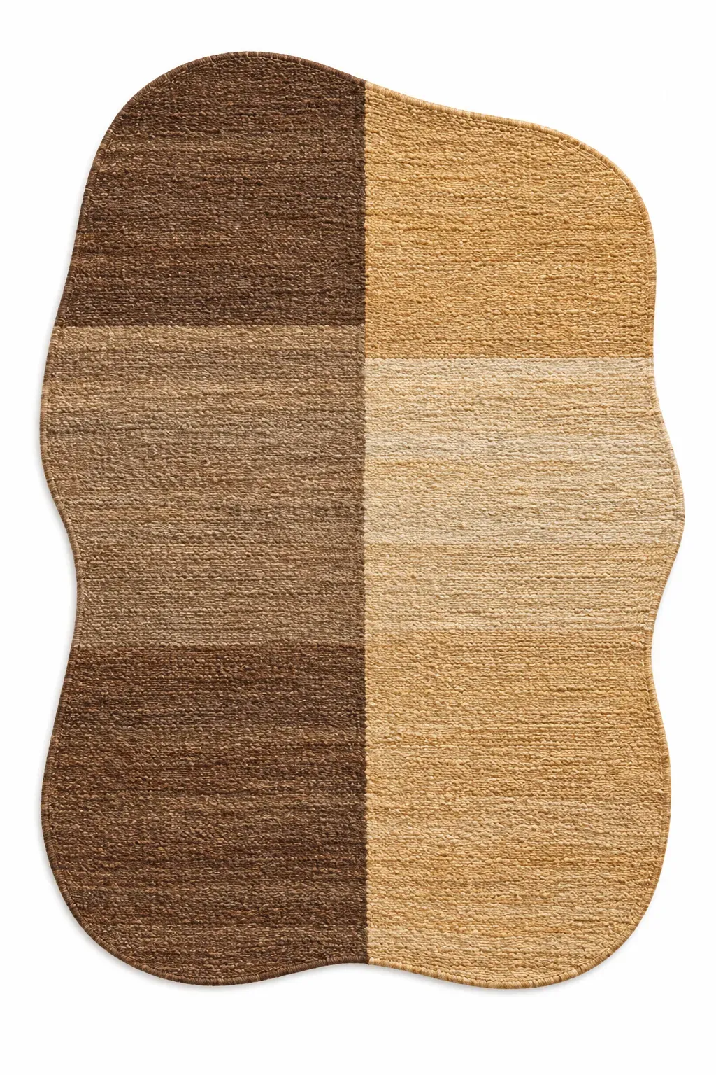 Valentina Rug in brown gold, jute shaped woven rug, full view