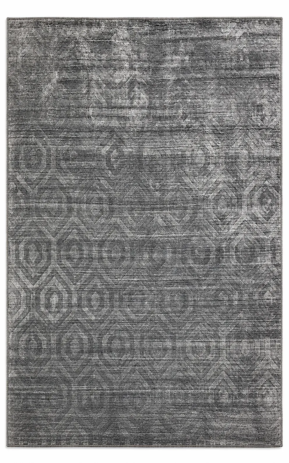 Wenzel Rug in dark grey, handloom stencil-pattern rug, full view