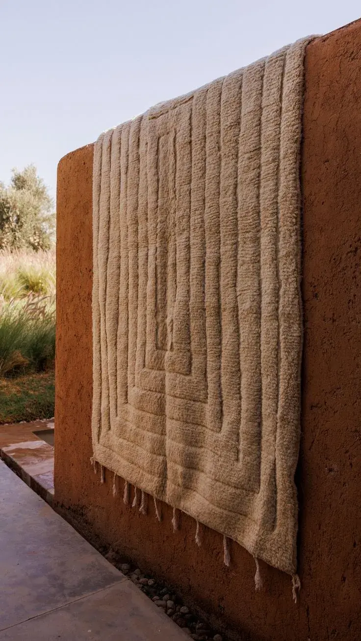 A cream rug with a linear pattern hanging against a terracotta wall outdoors