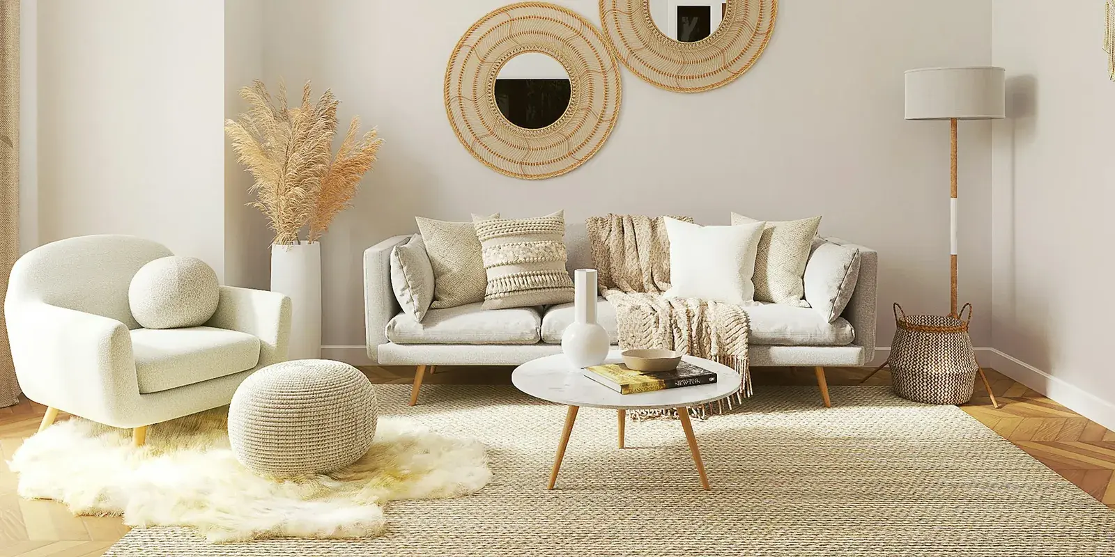 An airy living room in cream tones with a woven rug, a pale sofa, a round coffee table and rattan mirrors