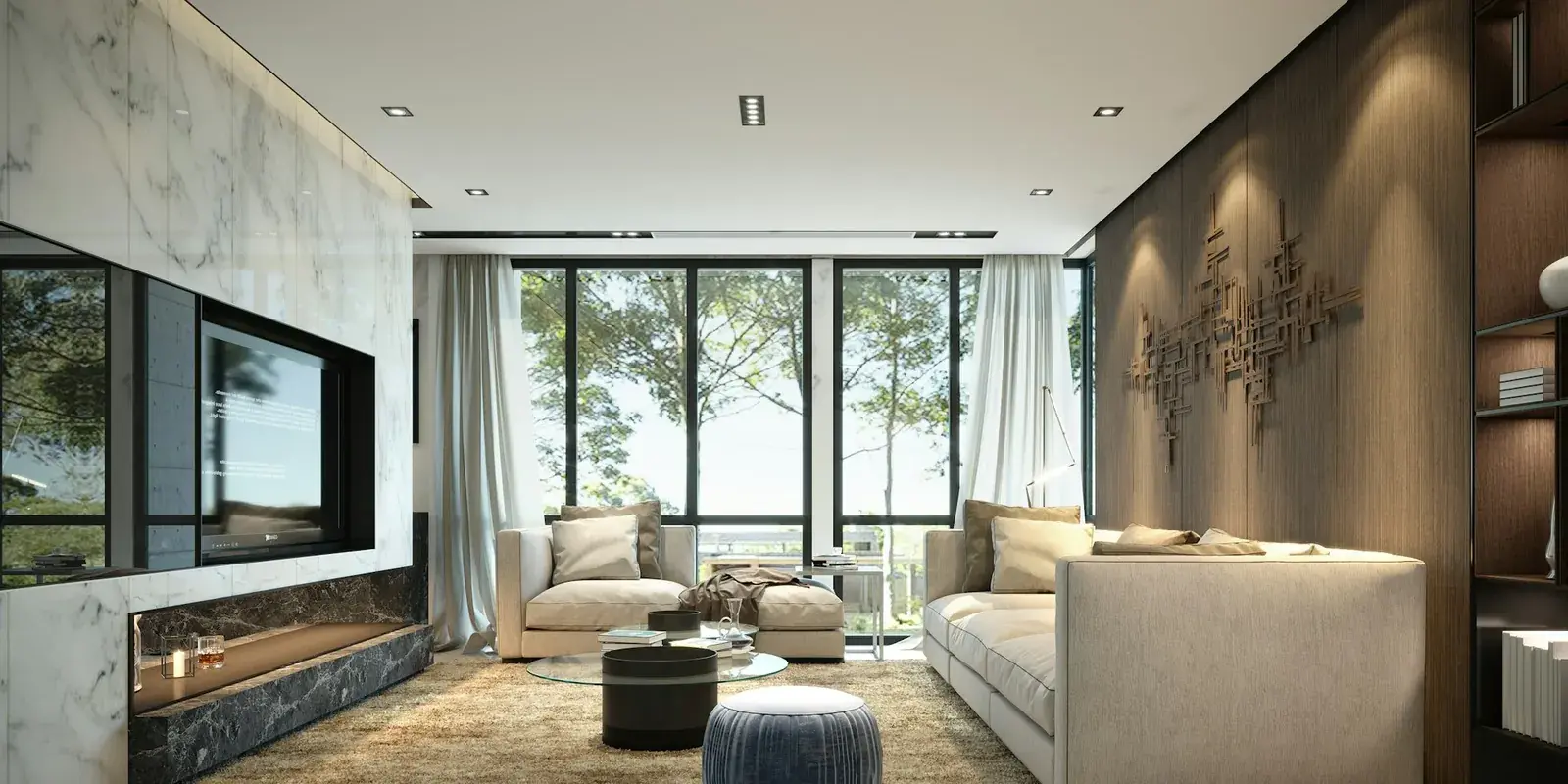 A modern living room with floor-to-ceiling windows, neutral sofas and a textured rug underfoot