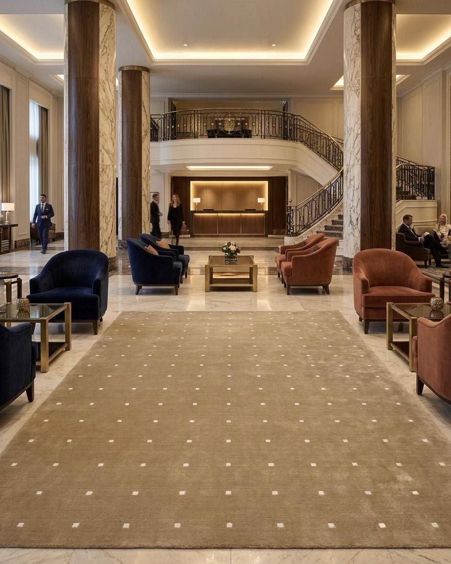 A classical hotel lobby with a long tan rug running the length of the floor toward the reception desk