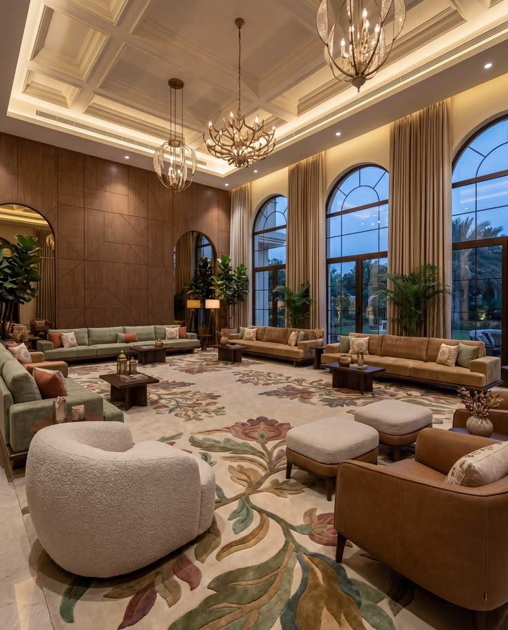 A double-height hotel lounge with a large floral hand-tufted rug under the seating groups