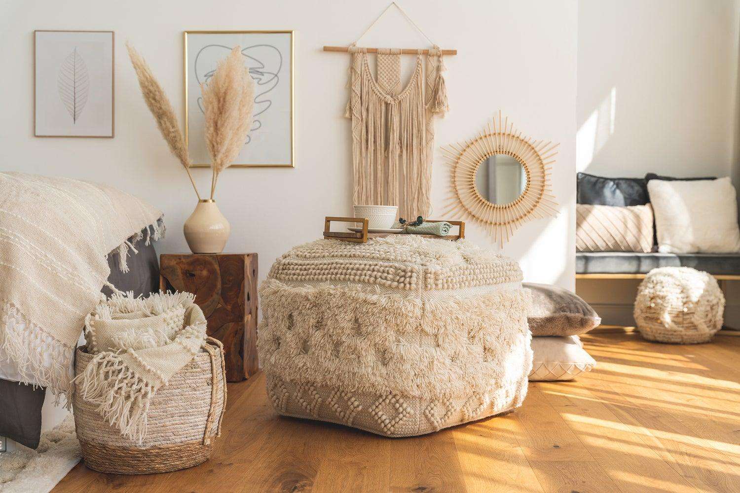 Handmade poufs and ottomans, wholesale export from Bhadohi India