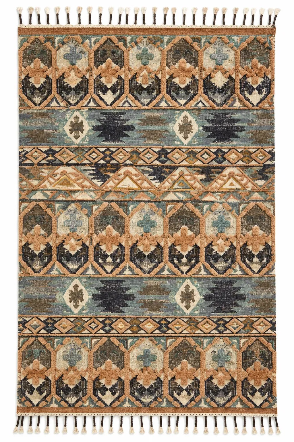 Dune Rug in ocean camel, jute tribal pattern rug, full view