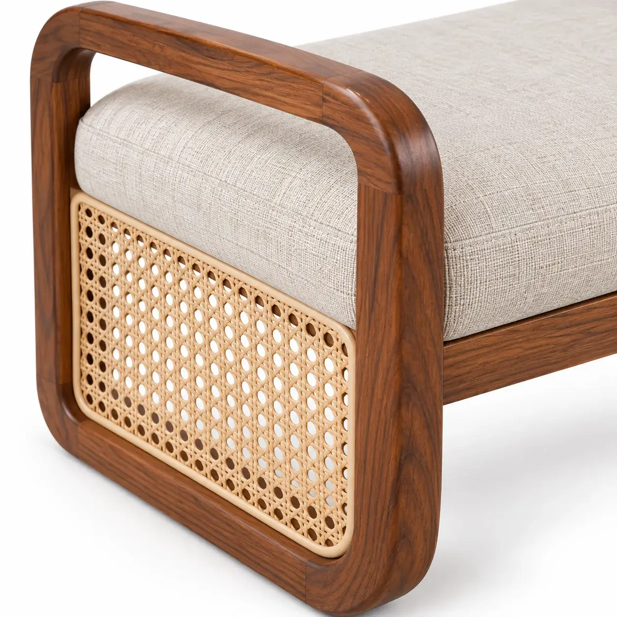 Close view of the Lorcan Bench showing its texture and detail