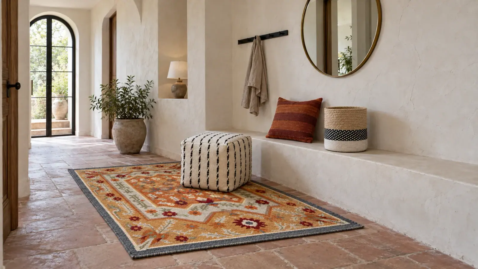 Adobe edit: a digitally styled room with the Marisol Rug, Saffron, Cato Pouf and Tomas Cushion Cover