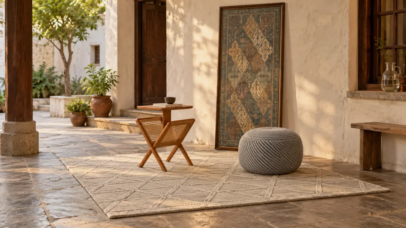 Baoli edit: a digitally styled room with the Linus Rug, Emlyn Side Table and Gregor Wall Hanging