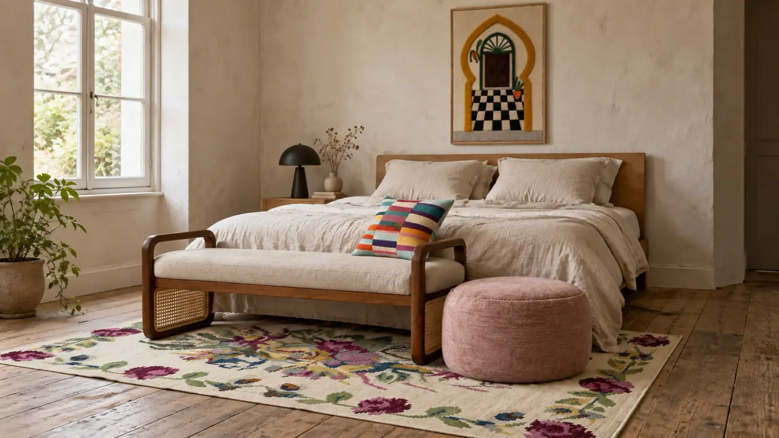 Bloom edit: a digitally styled room with the Noor Rug, Lorcan Bench and Nell Pouf