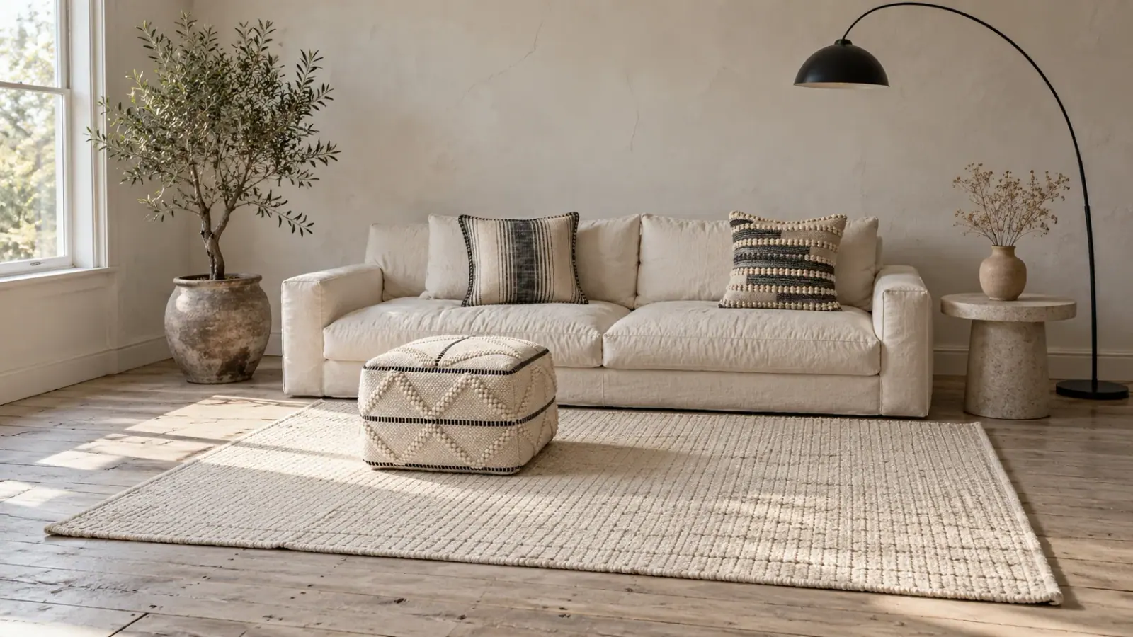 Bone edit: a digitally styled room with the Tamsin Rug, Beige, Soren Pouf and Valour Cushion Cover