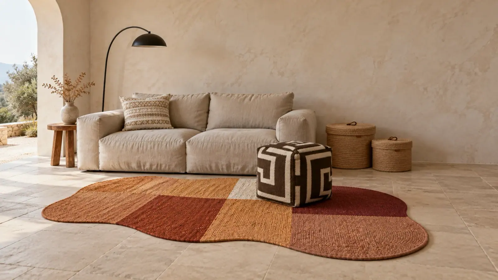 Canyon Drape edit: a digitally styled room with the Ptolemy Rug, Rust Ochre, Pia Pouf and Chintz Cushion Cover