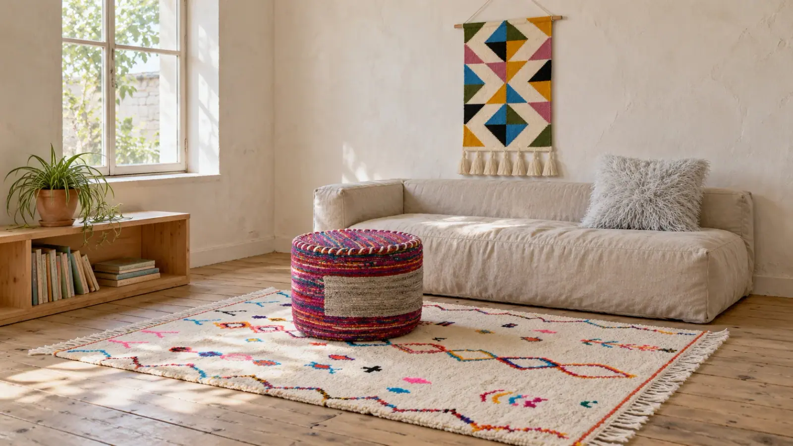Confetti edit: a digitally styled room with the Tilda Rug, Marden Wall Hanging and Mira Pouf