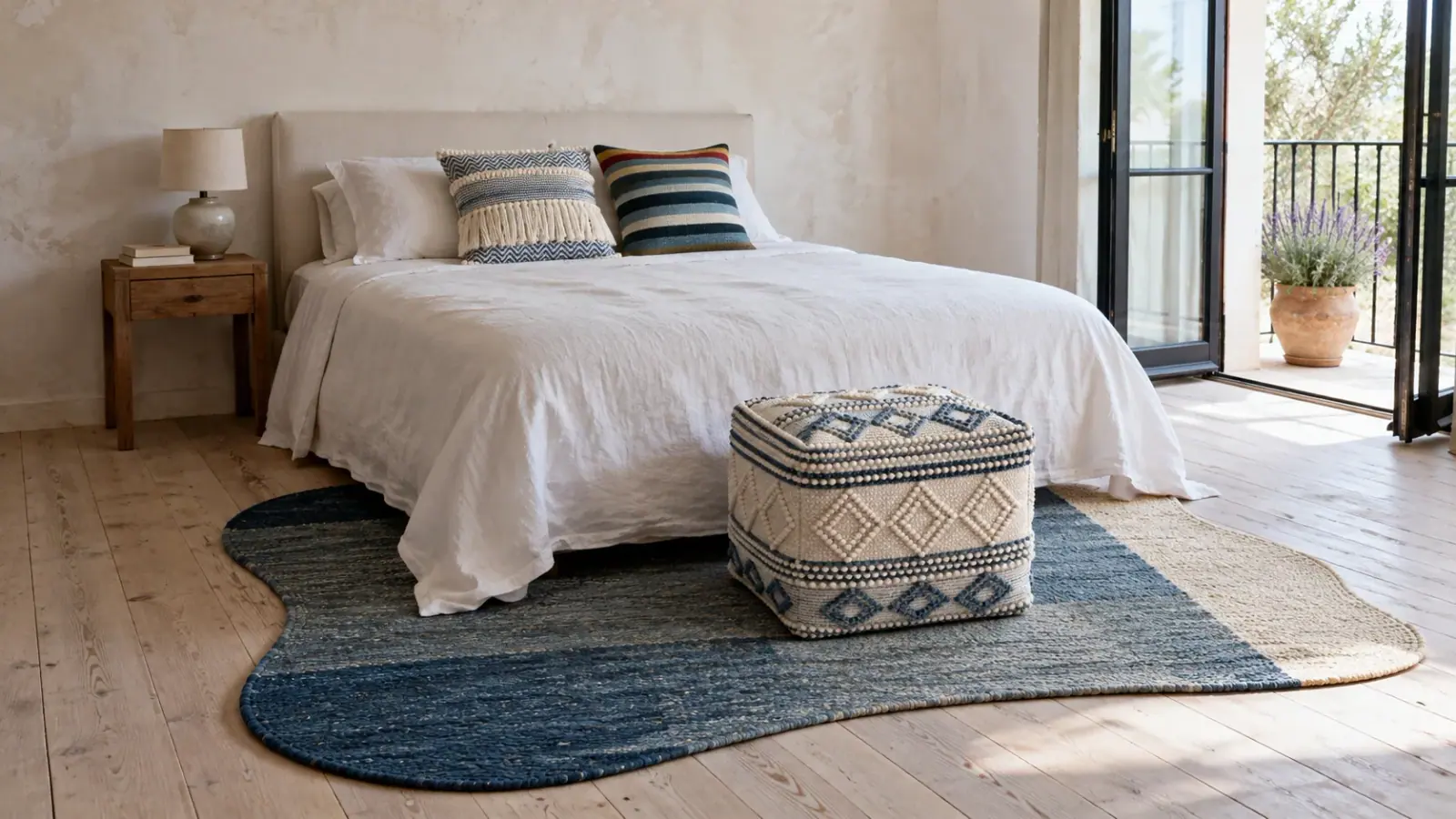 Denim edit: a digitally styled room with the Marguerite Rug, Denim Cream, Beau Pouf and Zoe Cushion Cover