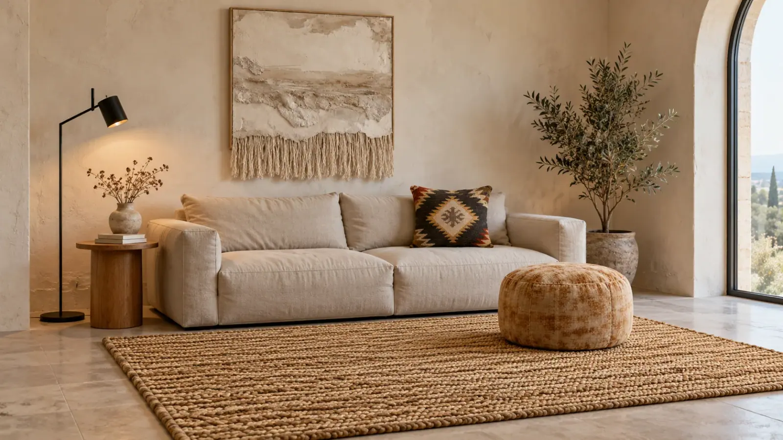 Dune edit: a digitally styled room with the Gauze Rug, Natural, Bruno Pouf, Camel and Milo Cushion Cover