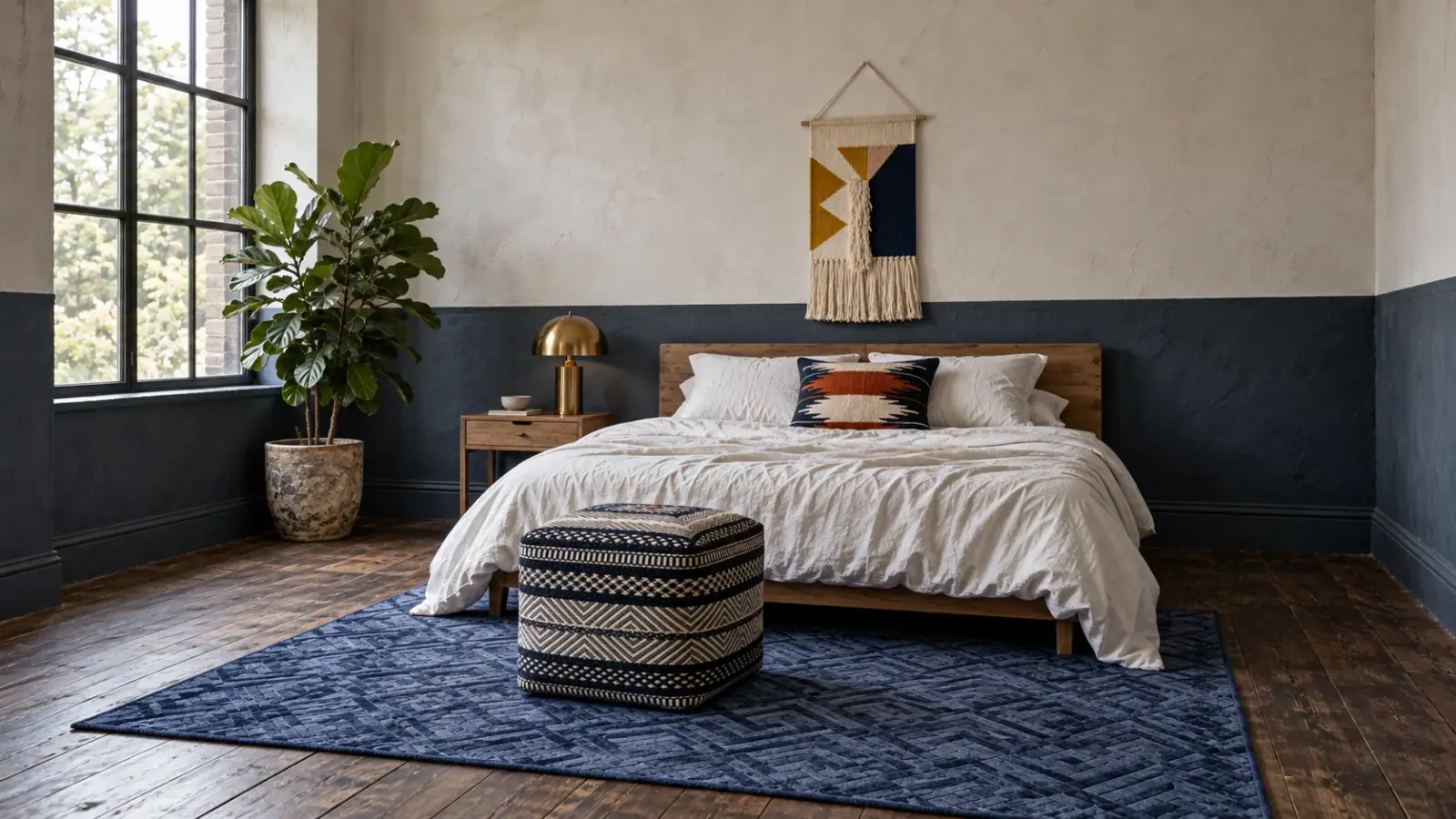Dusk edit: a digitally styled room with the Soledad Rug, Sana Pouf and Fathom Cushion Cover