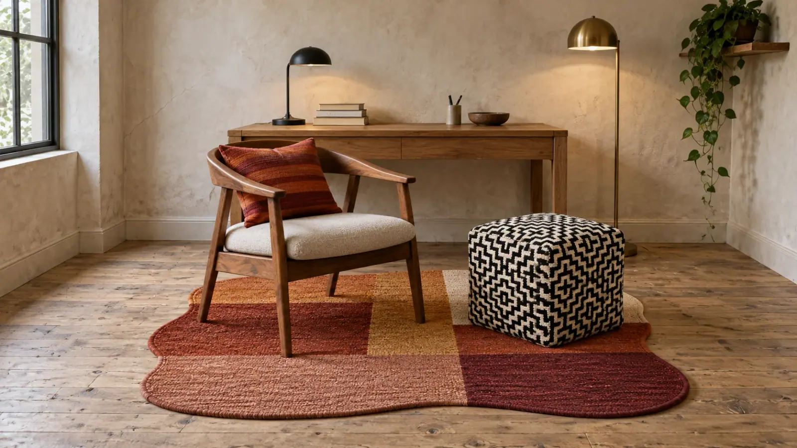Ember edit: a digitally styled room with the Ptolemy Rug, Rust Ochre, Aurel Armchair and Greta Pouf