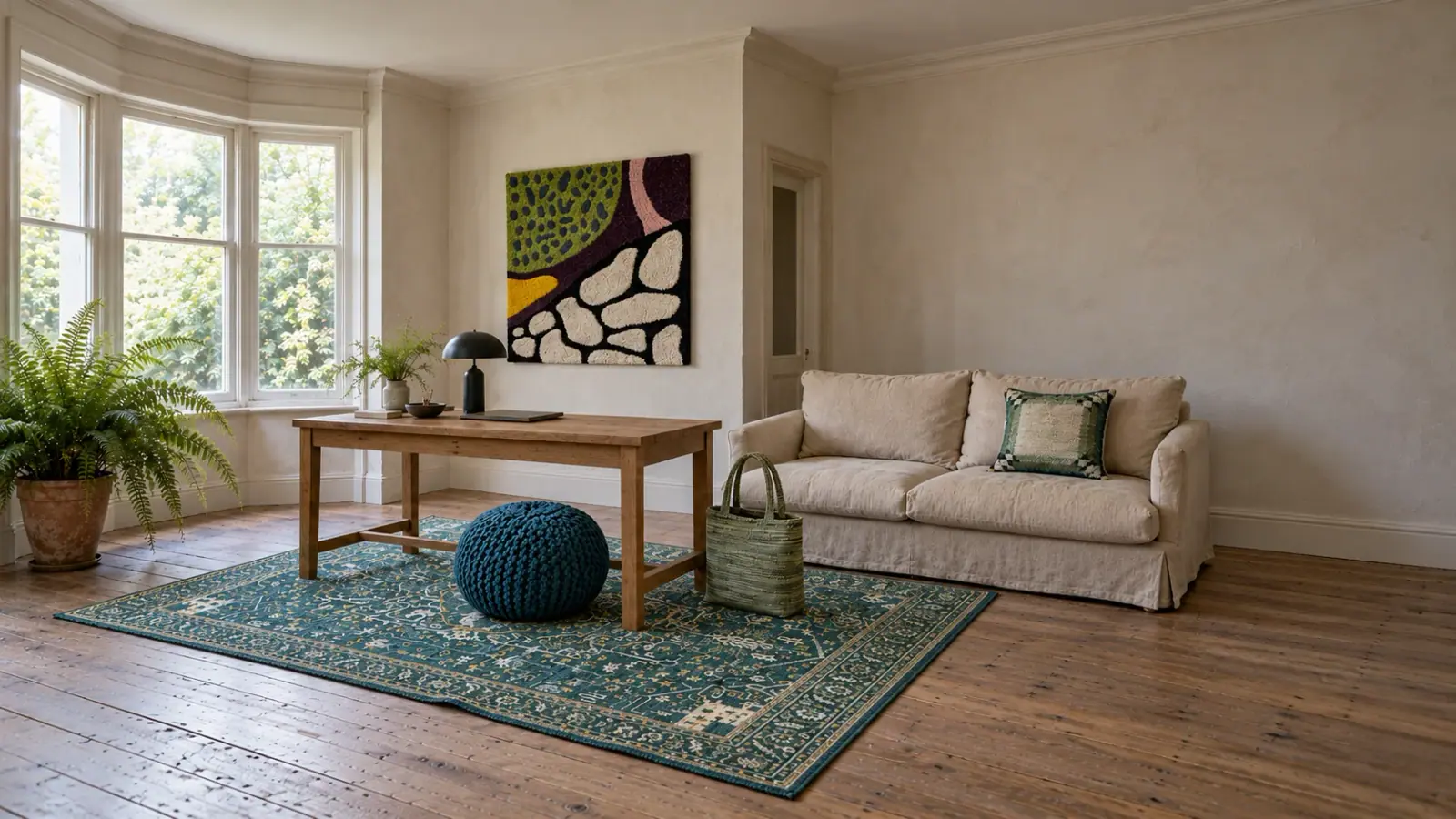 Fern edit: a digitally styled room with the Fernanda Rug, Flint Wall Hanging and Pim Pouf