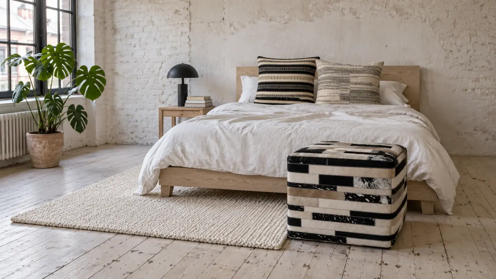 Flour edit: a digitally styled room with the Alder Rug, White, Evander Pouf and Renzo Cushion Cover