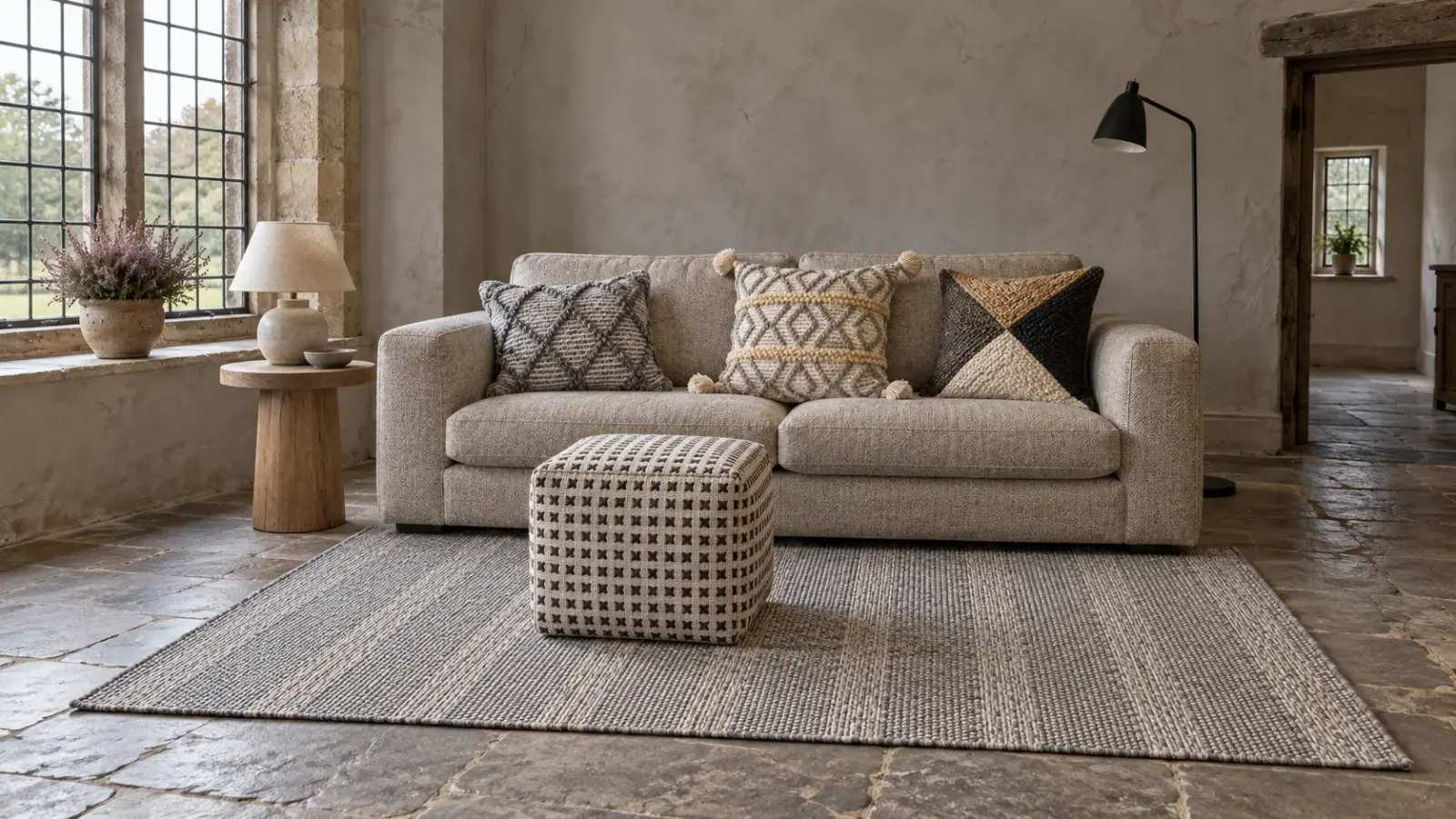 Heather edit: a digitally styled room with the Ilsa Rug, Sable Pouf and Heather Cushion Cover