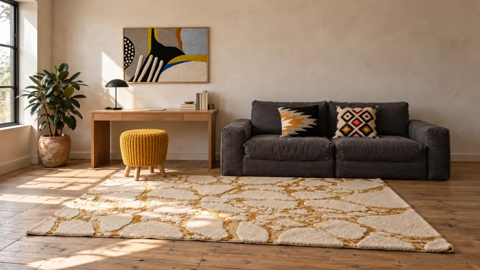 Honey edit: a digitally styled room with the Saffra Rug, Yellow, Juno Pouf and Norwood Cushion Cover