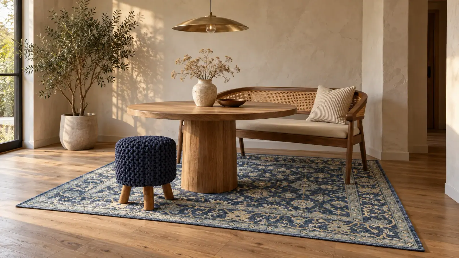 Indigo edit: a digitally styled room with the Ottoline Rug, Rosalind Settee and Dario Pouf