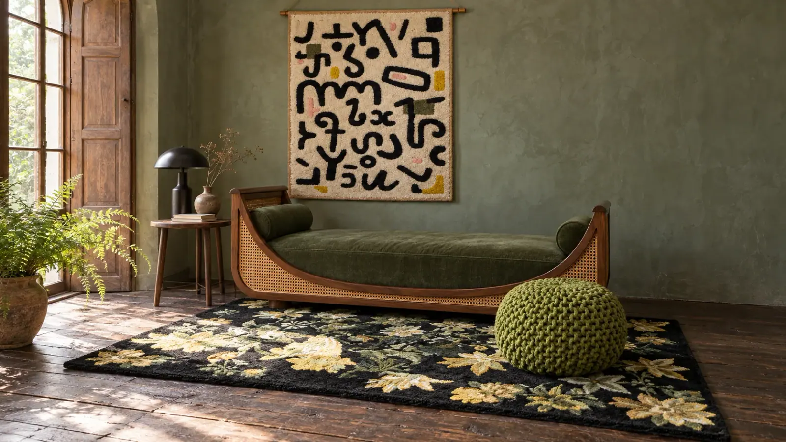 Jade edit: a digitally styled room with the Soraya Rug, Verona Daybed, Green and Violet Wall Hanging