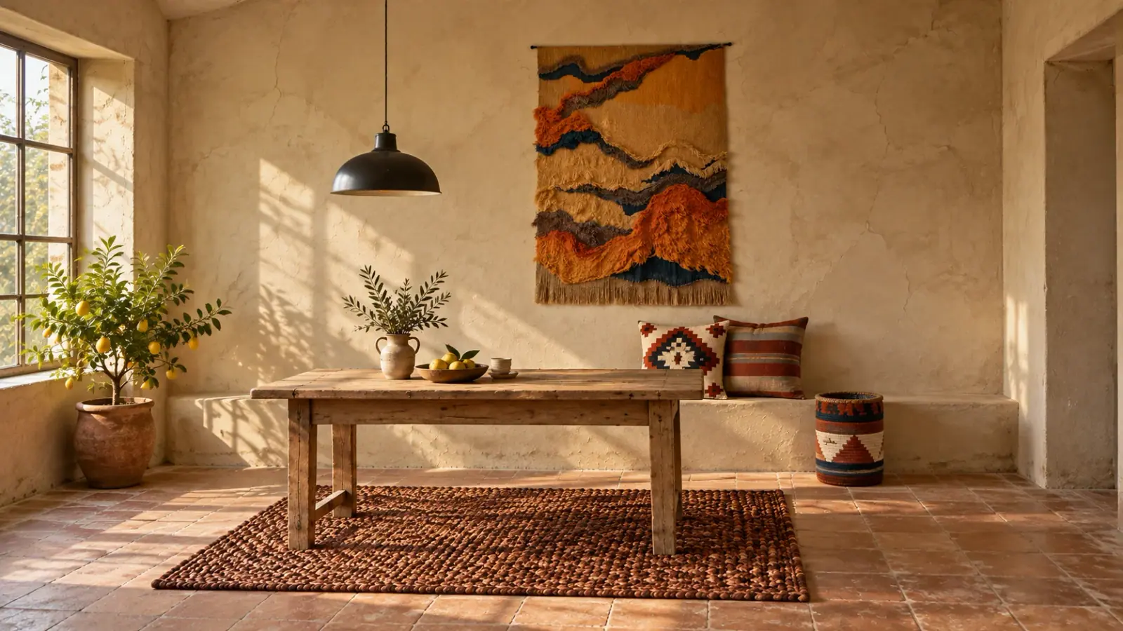 Kiln edit: a digitally styled room with the Genevieve Rug, Rust, Pax Basket and Rilla Cushion Cover