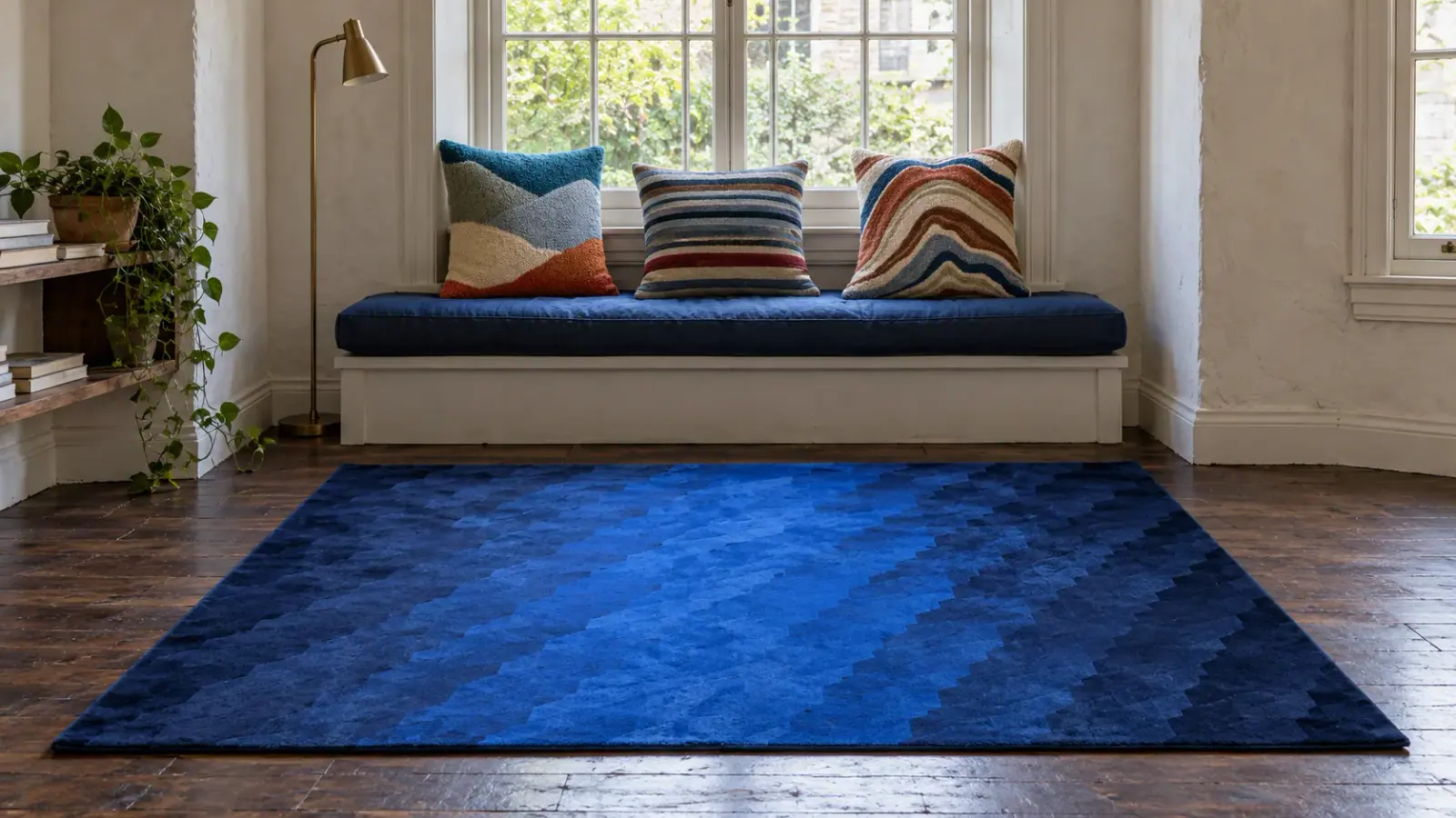 Lapis edit: a digitally styled room with the Rhea Rug, Thistle Cushion Cover and Elio Cushion Cover